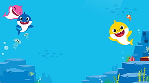 Cute Cartoon Baby Shark Family Swimming in Bright Blue Ocean with Jellyfish and Coral Reef HD wallpaper