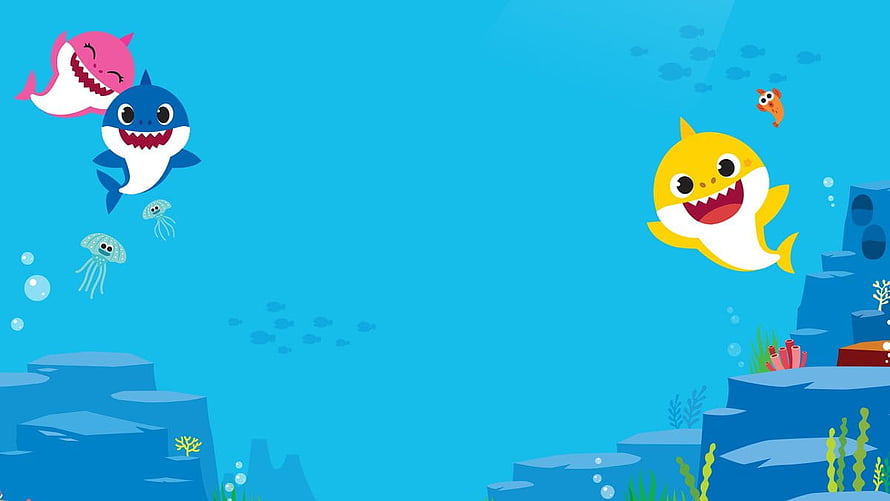 Cute Cartoon Baby Shark Family Swimming in Bright Blue Ocean with Jellyfish and Coral Reef HD wallpaper