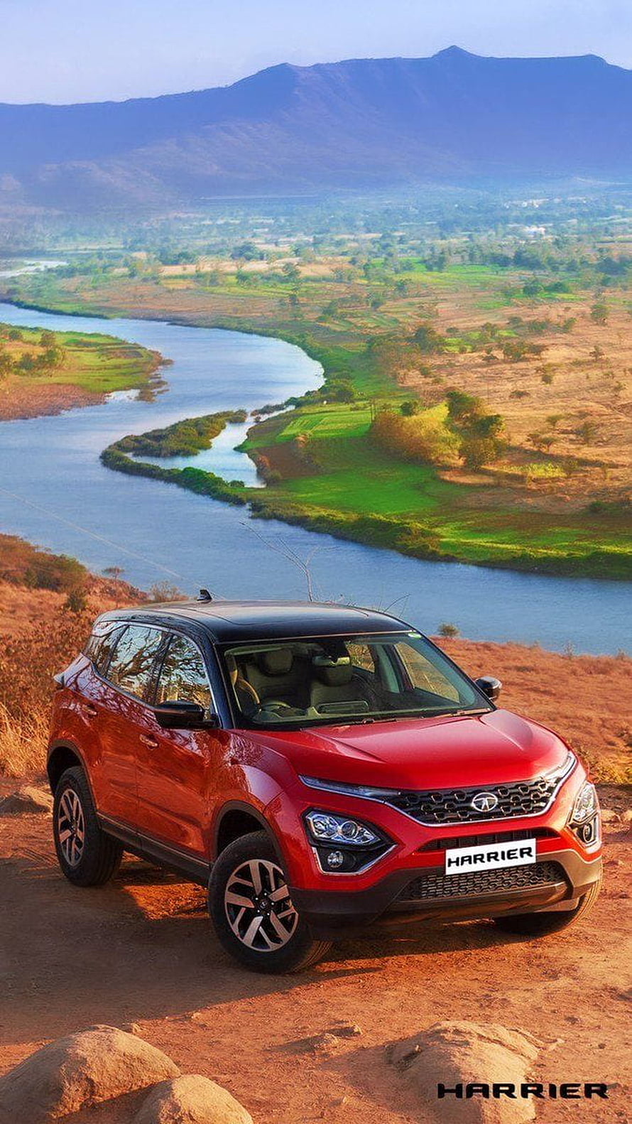 Red Tata Harrier SUV Parked on Hilltop Overlooking River Valley Landscape HD phone wallpaper