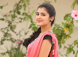 Malvika Sharma in a Pink Saree with Floral Garden Background HD wallpaper