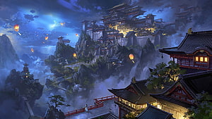 Mystical Japanese Mountain Fortress at Night with Floating Sky Lanterns and Waterfalls HD wallpaper