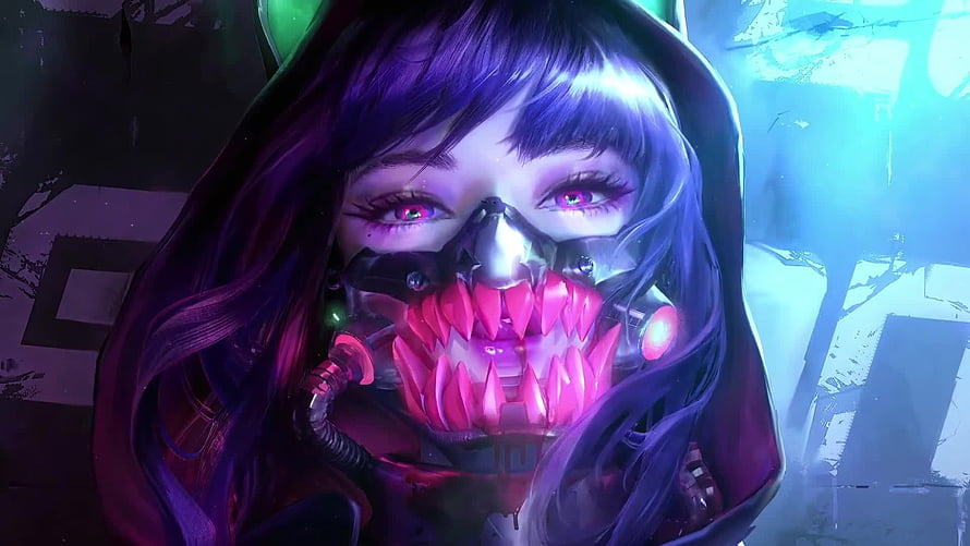 Cyber Girl with Neon Predator Mask in Dark Anime Style HD wallpaper