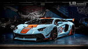 Liberty Walk Lamborghini Aventador SVJ in Gulf Racing Livery HD wallpaper