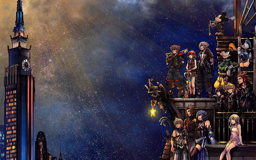 Kingdom Hearts Re Mind DLC Character Lineup Against Starry Night Sky HD wallpaper