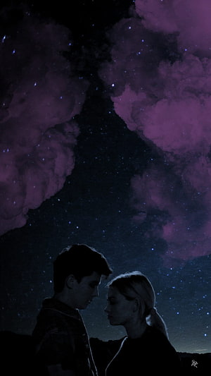 Otis and Maeve Silhouetted Under a Starry Purple Night Sky HD phone wallpaper