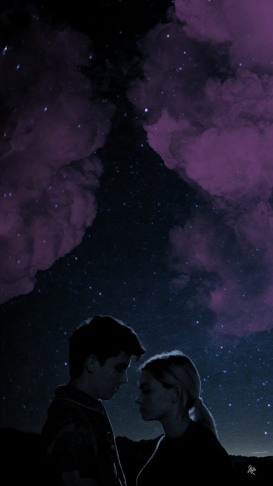 Otis and Maeve Silhouetted Under a Starry Purple Night Sky HD phone wallpaper