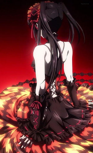Tokisaki Kurumi in Dark Gothic Dress with Fiery Red Background HD phone wallpaper