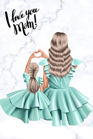 Mother and daughter in matching mint dresses forming a heart shape on marble background HD phone wallpaper