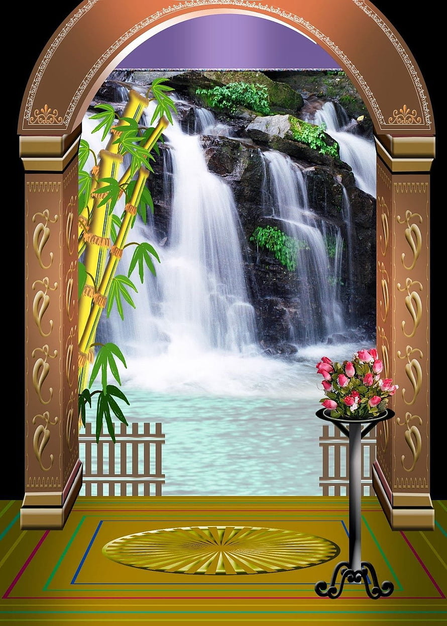 Ornate Arch Framing Bamboo, Waterfall, and Pink Roses in a Decorative Studio Setting HD phone wallpaper