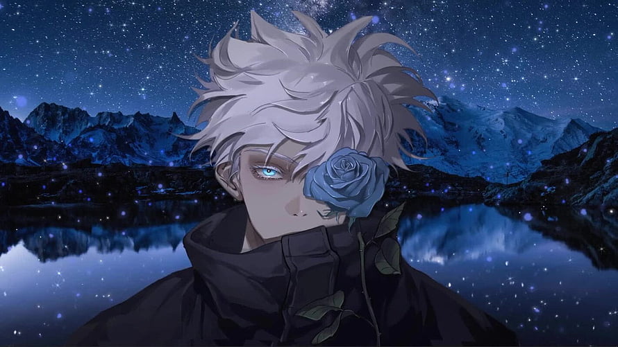 Gojo Satoru Anime Character Holding Blue Rose Against Starry Night Mountain Lake HD wallpaper