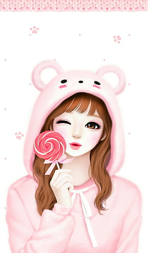 Cute Anime Girl in Pink Bear Hoodie Holding a Swirl Lollipop HD phone wallpaper