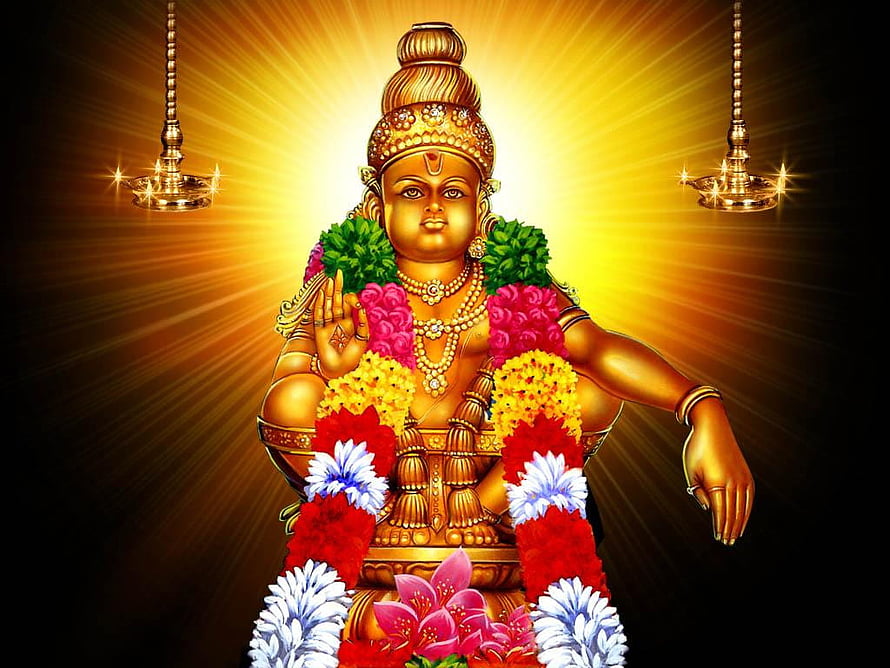 Golden Lord Ayyappa Statue Adorned With Flower Garlands And Radiant Divine Light HD wallpaper
