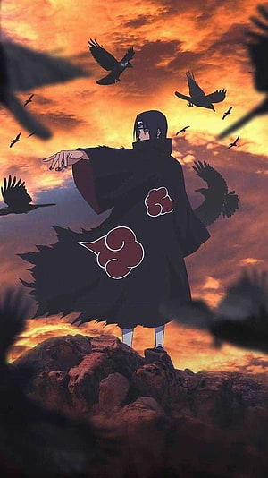 Madara Uchiha in Akatsuki Cloak Standing on Rock at Sunset with Crows HD phone wallpaper