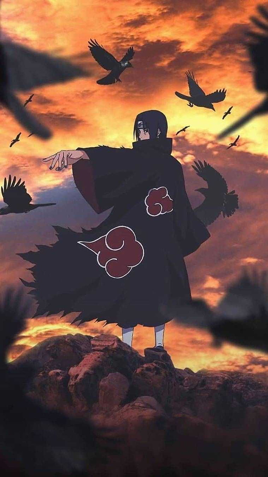 Madara Uchiha in Akatsuki Cloak Standing on Rock at Sunset with Crows HD phone wallpaper