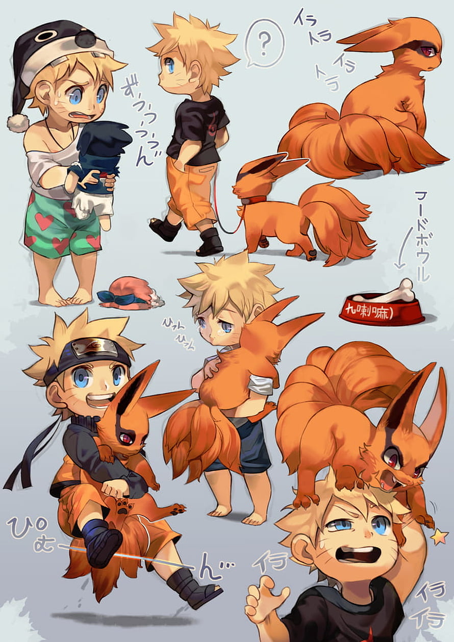 Naruto and Kurama Chibi Character Sheet with Multiple Poses and Expressions HD phone wallpaper