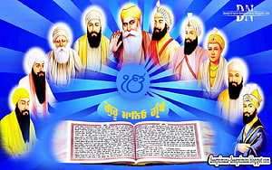 Ten Sikh Gurus with Guru Granth Sahib and Khanda Symbol on Blue Background HD wallpaper