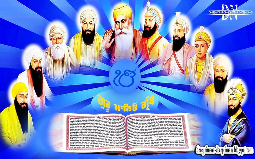 Ten Sikh Gurus with Guru Granth Sahib and Khanda Symbol on Blue Background HD wallpaper