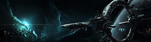 Massive Ring Station and Warship in Deep Space with Nebula and Asteroid Field HD wallpaper