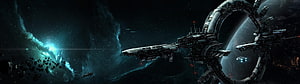 Massive Space Station Ring Orbiting a Planet with Nebula and Asteroid Field HD wallpaper