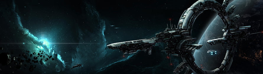 Massive Space Station Ring Orbiting a Planet with Nebula and Asteroid Field HD wallpaper