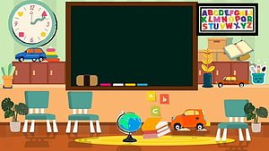 Colorful Cartoon Classroom Scene With Blackboard, Globe, and Alphabet Chart HD wallpaper
