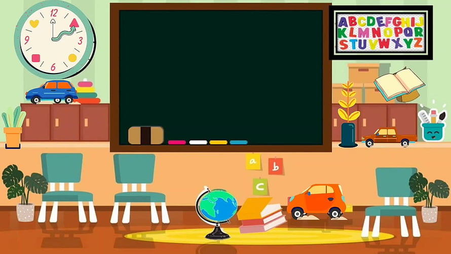 Colorful Cartoon Classroom Scene With Blackboard, Globe, and Alphabet Chart HD wallpaper