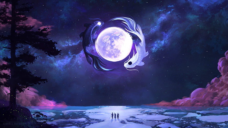 Yin Yang Fish Circling a Full Moon Over a Frozen Lake at Night HD wallpaper