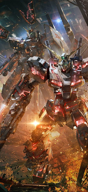 Gundam 00 Mecha Battle Scene Amidst Explosions and Debris HD phone wallpaper