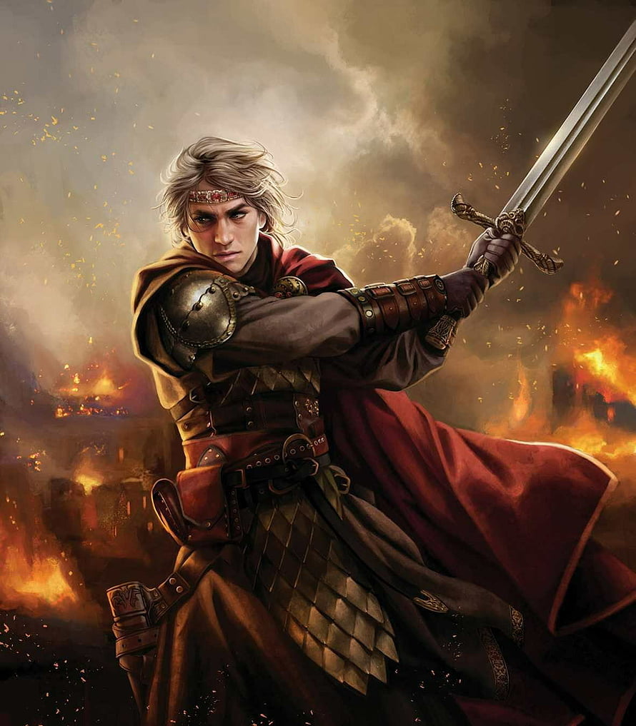Aegon the Conqueror in battle armor wielding a sword against a fiery battlefield backdrop HD phone wallpaper