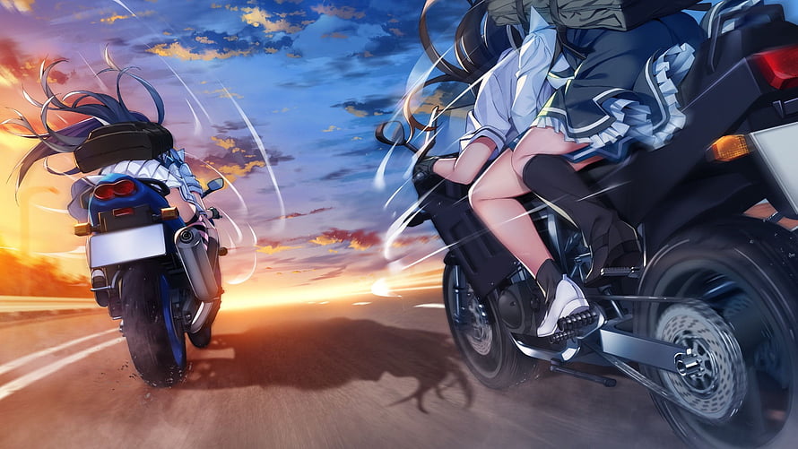 Anime Biker Girls Riding Motorcycles at Sunset on an Open Road HD wallpaper