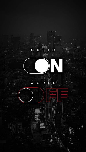Music On World Off Aerial Night Cityscape with Minimalist Typography and Toggle Switch Design HD phone wallpaper
