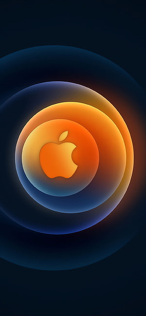 Apple Logo Glowing in Concentric Orange and Blue Rings on Dark Background HD phone wallpaper