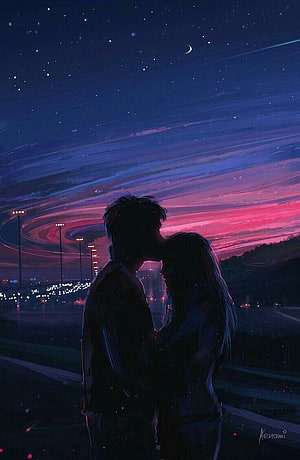 Silhouetted Anime Couple Kissing Under a Starry Night Sky with Neon City Lights HD phone wallpaper