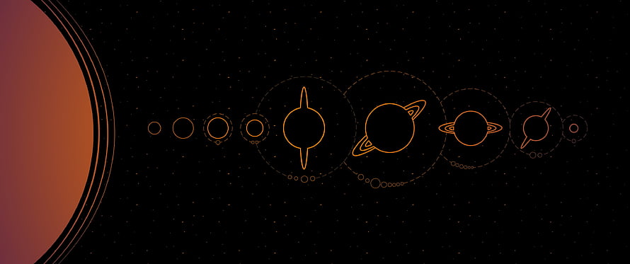 Minimalist Solar System Line Art with Orange Planets on Black Space Background HD wallpaper