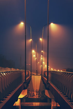 Symmetrical Streetlights on a Foggy Bridge at Night with Warm Orange Glow HD phone wallpaper