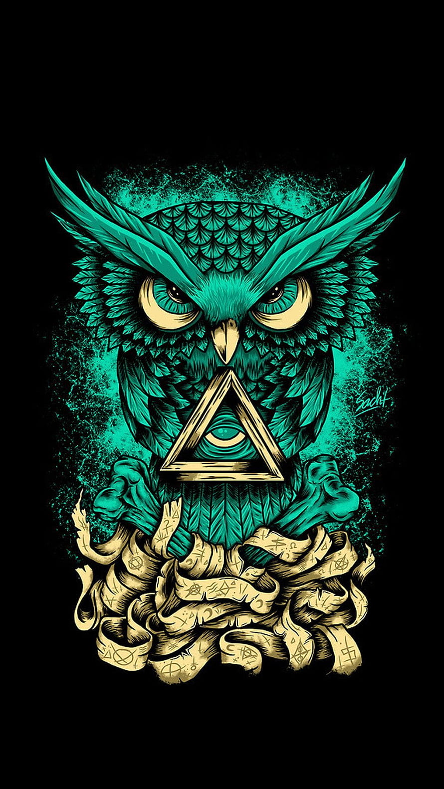 Mystical Teal Owl with Eye of Providence Triangle and Occult Scrollwork HD phone wallpaper