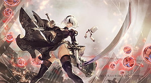 Nier Automata 2B wielding a katana in a dynamic action pose with glowing red orbs and a futuristic cityscape background HD wallpaper