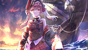 Houshou Marine Hololive Anime Character in Pirate Outfit on a Ship at Sunset HD wallpaper