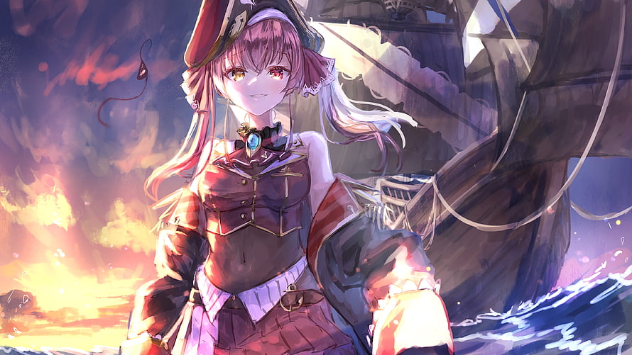 Houshou Marine Hololive Anime Character in Pirate Outfit on a Ship at Sunset HD wallpaper