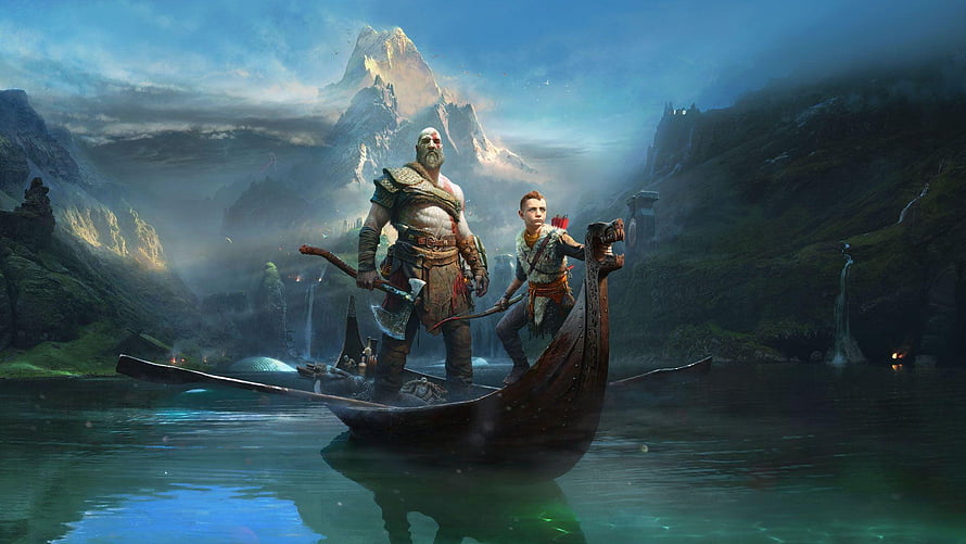 Kratos and Atreus in a Viking Longship on a Misty Mountain Lake HD wallpaper