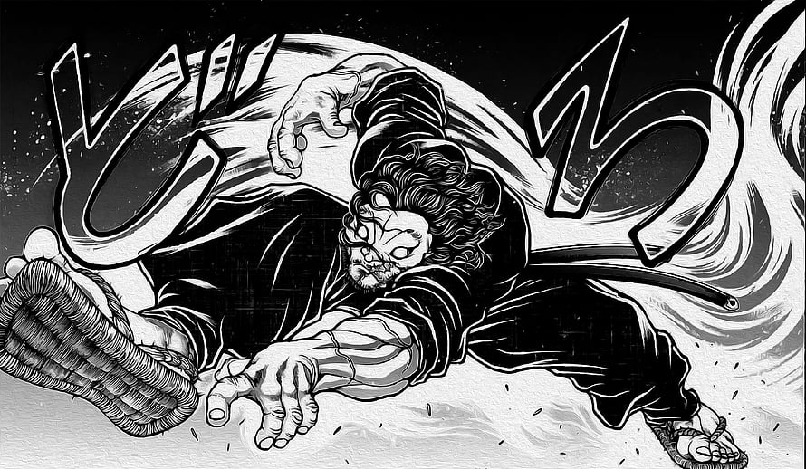 Miyamoto Musashi Dynamic Combat Scene From Baki Manga Black And White Illustration HD wallpaper