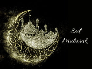 Eid Mubarak Greeting Card with Golden Mosque and Crescent Moon on Black Background HD wallpaper