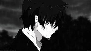 Monochrome Anime Boy Crying in the Rain with Dark Background HD wallpaper