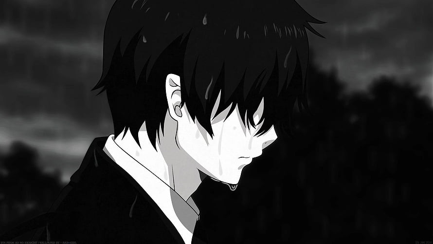Monochrome Anime Boy Crying in the Rain with Dark Background HD wallpaper