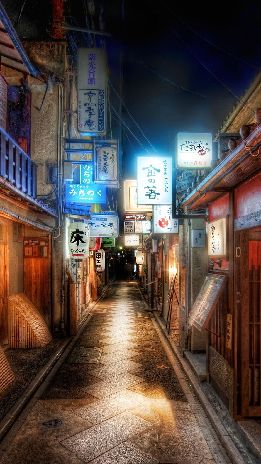 Illuminated Narrow Alley in Kyoto Japan at Night with Glowing Neon Signs HD phone wallpaper