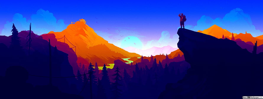 Firewatch Game Artwork Featuring Silhouetted Ranger on Cliff at Sunset HD wallpaper