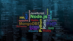 Colorful Programming Languages Word Cloud on Dark Code Background HD wallpaper