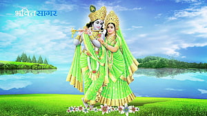 Lord Krishna and Radha in Green Sarees Playing Flute by a Serene Lake HD wallpaper