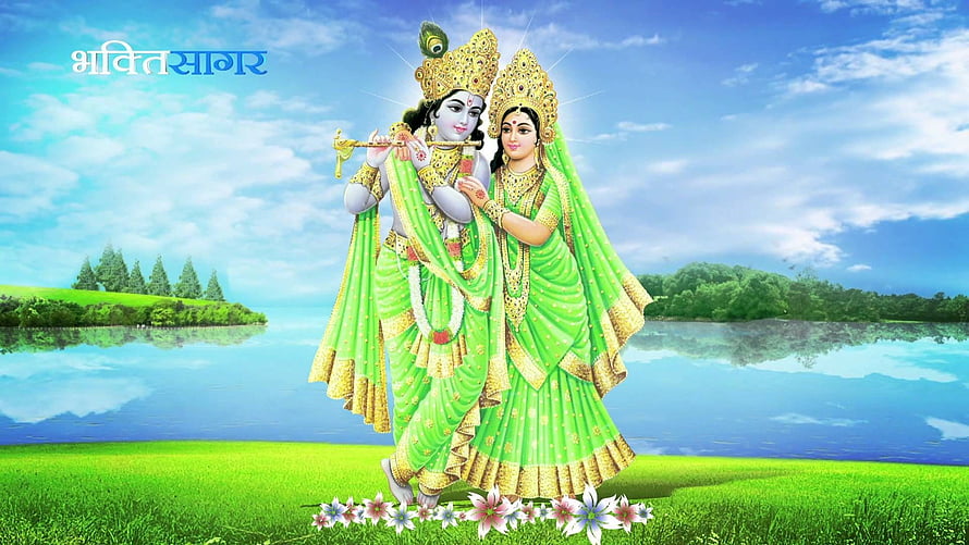 Lord Krishna and Radha in Green Sarees Playing Flute by a Serene Lake HD wallpaper