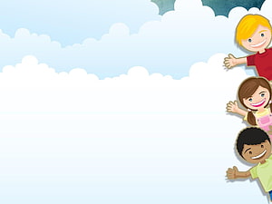 Cheerful cartoon children waving from the side against a soft blue sky with fluffy white clouds HD wallpaper